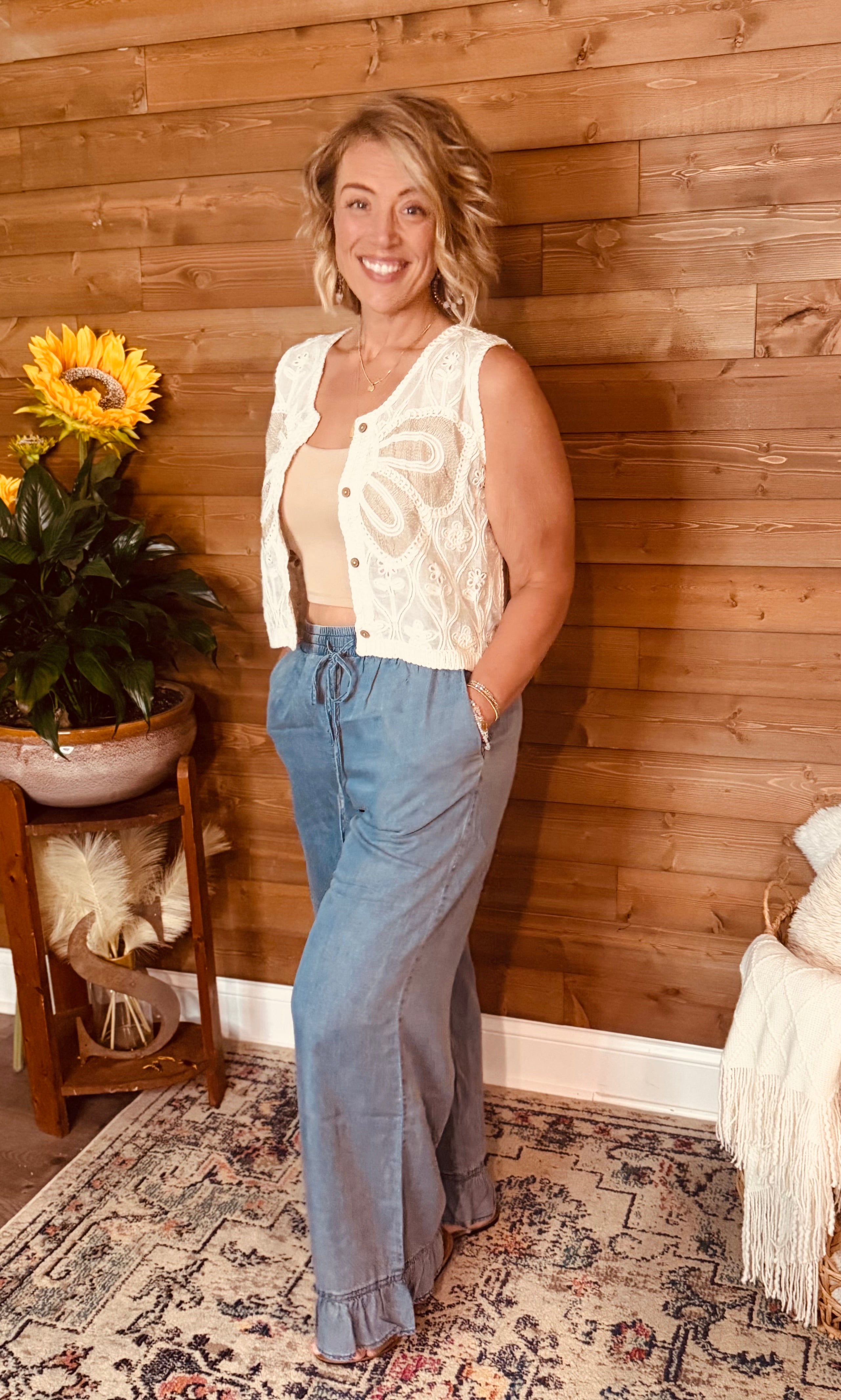 Blue Skies Denim Ruffle Wide Leg Pants | Skyka Boutique